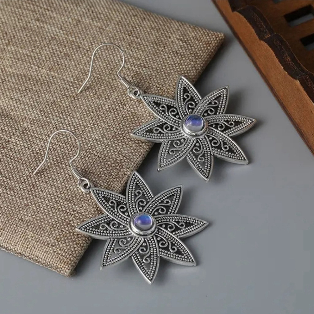 Floral Silvery Design Dangle Earrings Retro Bohemian Style #15 - Picture 3 of 6
